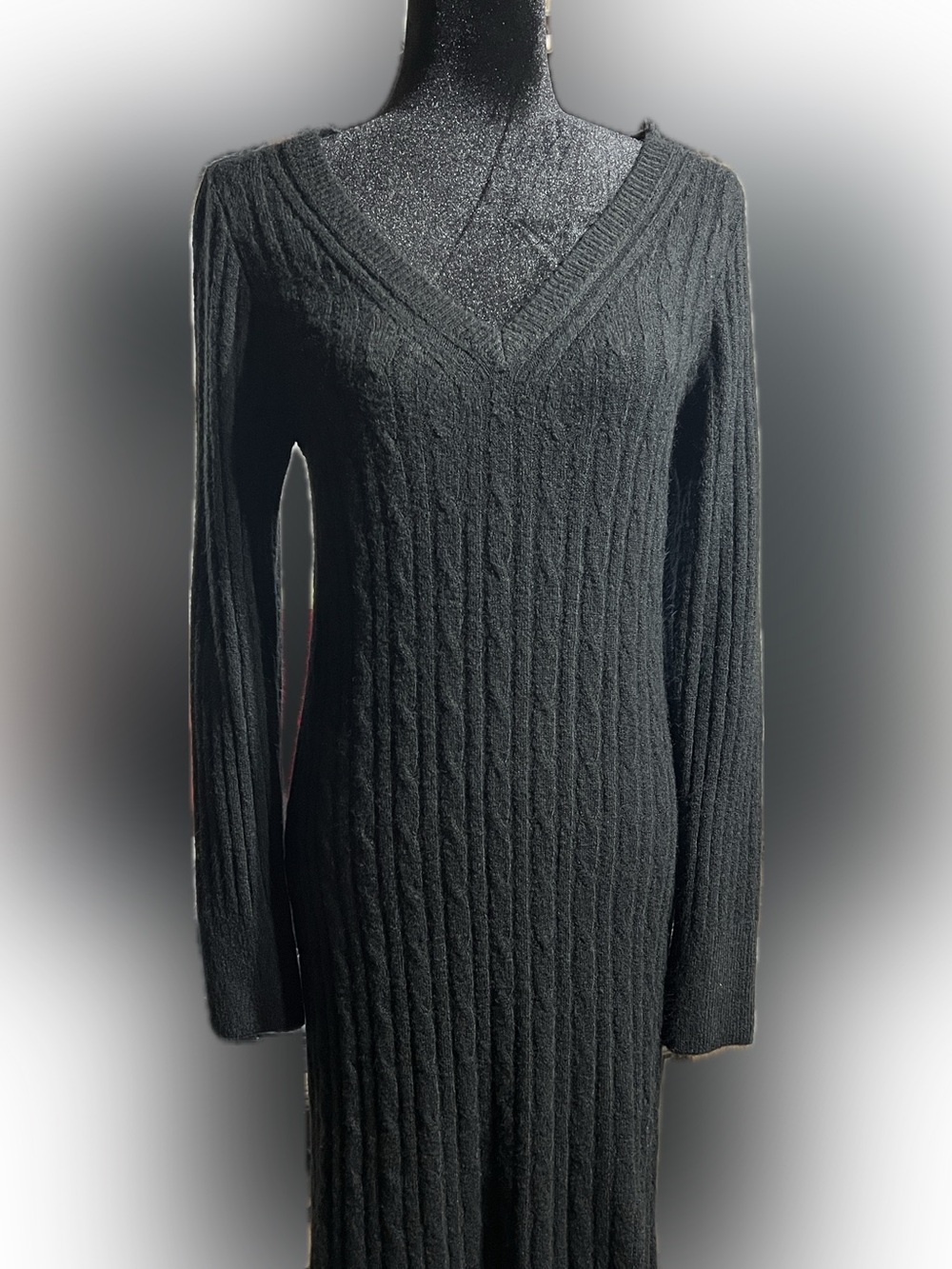 Abercrombie & Fitch Black Cable-Knit V-Neck Long Sleeve Dress with belt